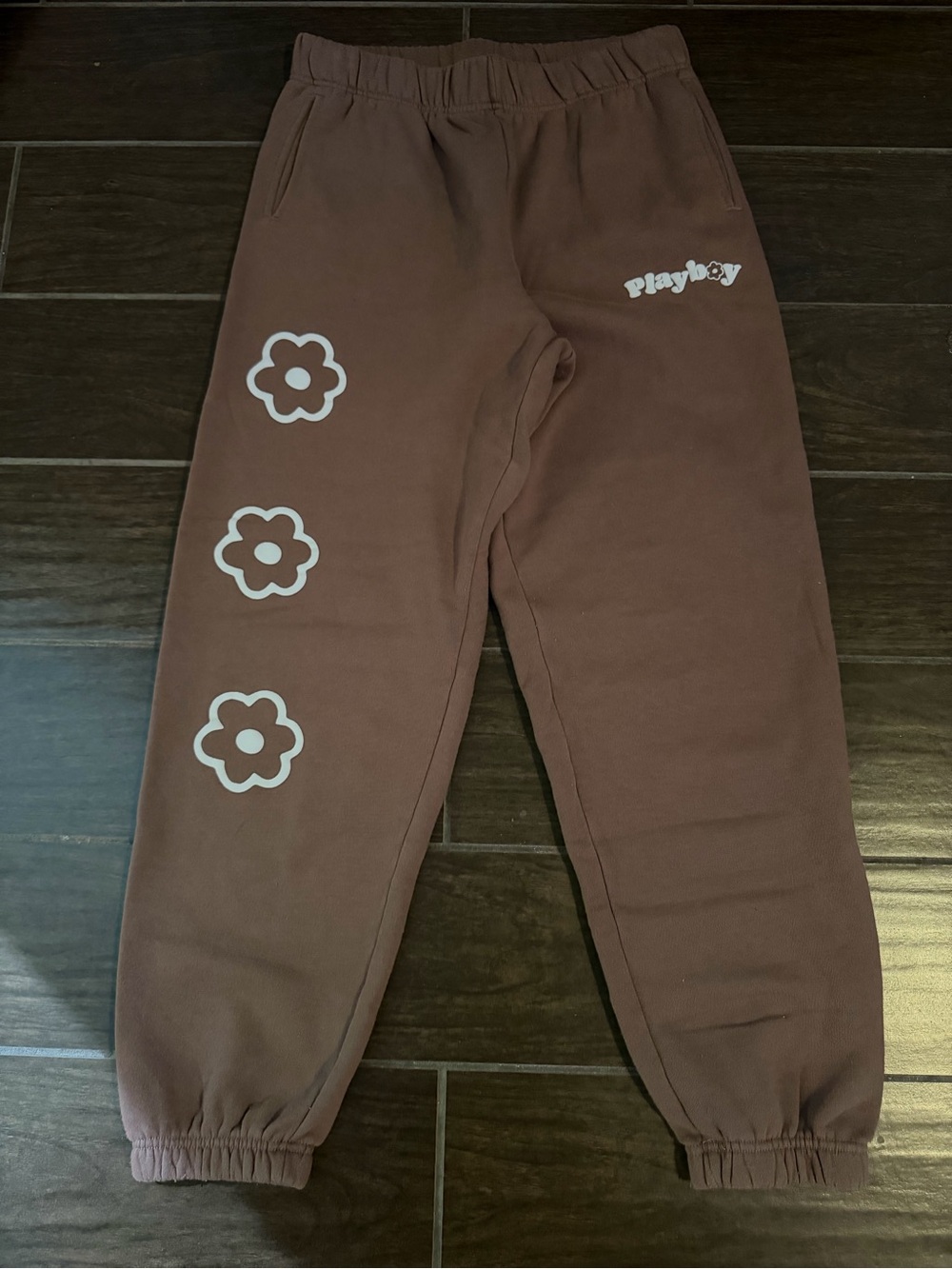 PLAYBOY Brown Jogger Sweatpants with White Flower Graphics